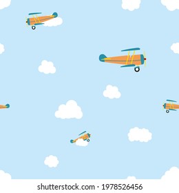 Seamless blue sky pattern with airplane and cloudy heart. Childish wrapping paper.