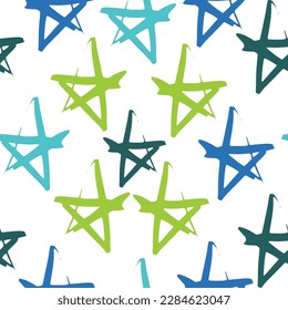 Seamless blue sky watercolor pattern. Hand drawn painted background. Ink illustration. Stars elements. Polka dots ornament for wrapping paper.