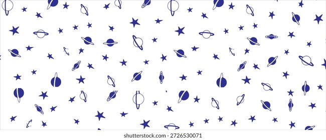 Patrón de espacio azul sin fisuras con estrellas y planetas. Lindo fondo de doodle de galaxia dibujado a mano para niños y diseño textil.
