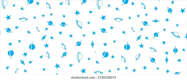 Patrón de espacio azul sin fisuras con estrellas y planetas. Lindo fondo de doodle de galaxia dibujado a mano para niños y diseño textil.