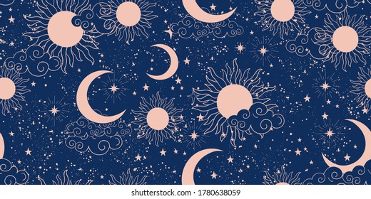 Seamless Blue Space Pattern With Sun, Crescent And Stars On A Blue Background. Mystical Ornament Of The Night Sky For Wallpaper, Fabric, Astrology, Fortune Telling. Vector Illustration