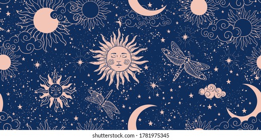 Seamless blue space pattern with sun, crescent and stars on a blue background. Mystical ornament of the night sky for wallpaper, fabric, astrology, fortune telling. Vector illustration