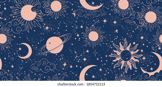 Seamless blue space pattern with sun, crescent and stars on a blue background. Mystical ornament of the night sky for wallpaper, fabric, astrology, fortune telling. Vector illustration