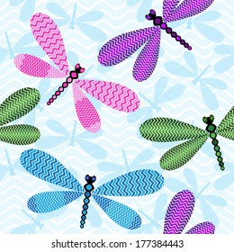Seamless blue spring pattern with colorful dragonflies (vector)
