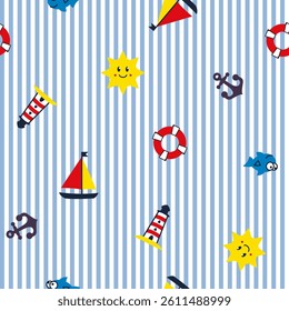 Seamless blue stripe pattern with Lighthouse, sailboat, sun, anchor, fish, lifebuoy. Children's marine illustration