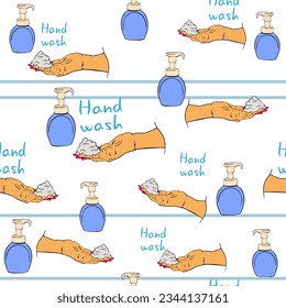 Seamless blue stripe pattern Woman washing hands with soap. hand takes white foaming mousse from bottle without label. hand with soap bubbles.
