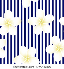 Seamless blue striped vector tropical pattern. Plumeria, frangipani.