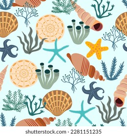Seamless blue summer underwater pattern. Vector illustration. Various shells, seaweeds and stars