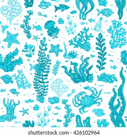 Seamless blue summer underwater pattern. Vector illustration. Various shell, algae, fish, starfish, bottle with a letter, key on white background. 