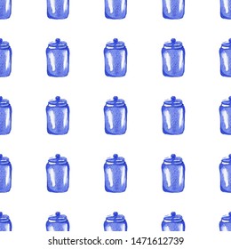 Seamless blue tableware watercolor pattern. Vector teapot crockery illustration. 