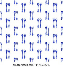 Seamless blue tableware watercolor pattern. Vector teapot crockery illustration. 