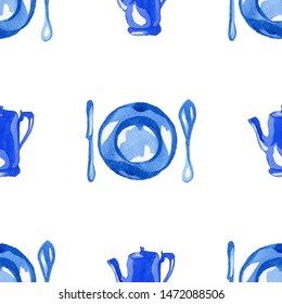 Seamless blue tableware watercolor pattern. Vector teapot crockery illustration. 