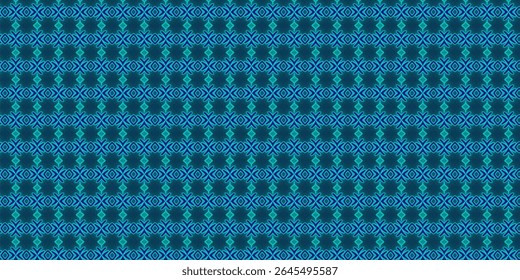 Seamless blue and teal ethnic-style pattern with symmetric detailing. Great for backgrounds, cultural themes, or textile designs. Vivid colors and modern tribal feel.
