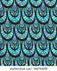 Seamless blue texture of fish scales decorated with doodle pattern for your creativity