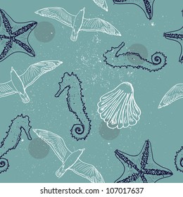Seamless blue texture with sea elements. Vector illustration EPS8