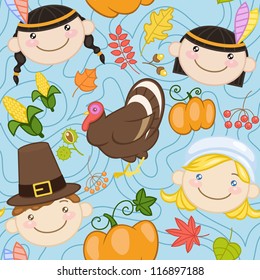 Seamless blue thanksgiving pattern with cute American Indians, pilgrims, turkey and pumpkins. Vector illustration