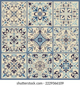 Seamless blue tile with Islam, Arabic, Indian, ottoman motifs. Majolica pottery tile. Portuguese and Spain azulejo. Ceramic tile in talavera style. Vector illustration.