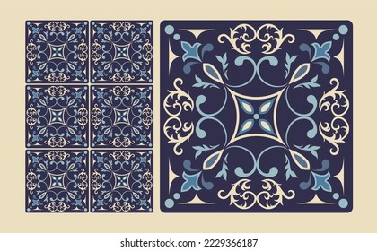Baldosas azules impecables con motivos islámicos, árabes, indios y otomanos. Baldosas de cerámica mallónica. Azulejo portugués y español. Baldosas cerámicas de estilo talavera. Ilustración vectorial.