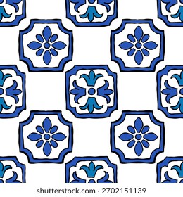 Padrão de azulejo azul sem costura com designs mediterrâneos mistos