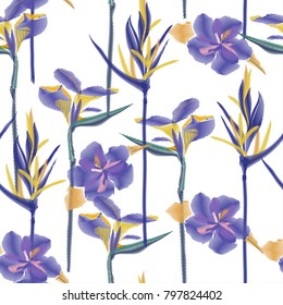 Seamless blue tropical  seamless pattern of colorful hibiscus flower on a white  background. Imitation embroidery.