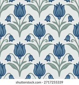 Padrão floral de tulipa azul uniforme em vintage arte folclórica fundo repetitivo botânico.