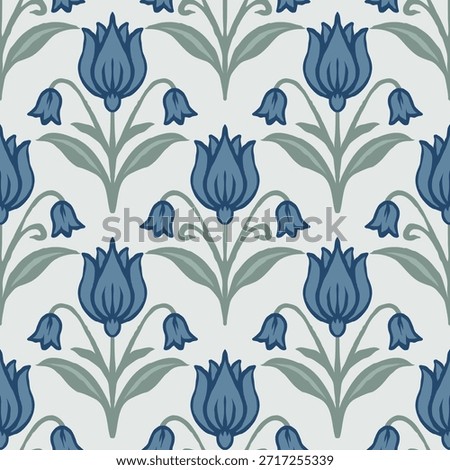 Seamless blue tulip floral pattern in vintage folk art botanical repeating background.