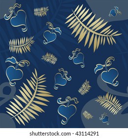 Seamless blue valentines pattern with golden hearts