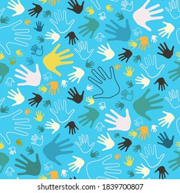 Seamless Blue Vector Background with Colorful Palm Hands