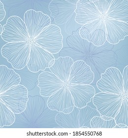 Seamless blue vector floral background drawing of a flower wild rose. 