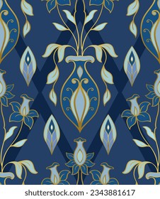 Seamless blue vector ornament. Pattern with stylized vases and flowers. Traditional template for a carpet, wallpaper, textile. 