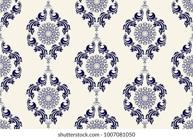 Seamless blue vintage ornament on background. Floral ornament on background. Wallpaper pattern