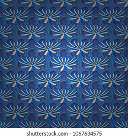 Seamless blue, violet and beige background with abstract flowers and elements. Vector retro illustration. Ideal for printing on fabric or paper.