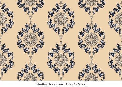 Seamless blue wallpaper pattern in vintage style. Seamless blue ornament on background. Floral ornament on background.  Seamless pattern for your design. Textile pattern. Wallpaper pattern