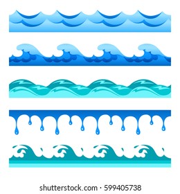 Seamless blue water wave vector bands set for footers, patterns and textures