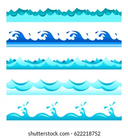 Seamless blue water wave vector bands set for footers, patterns and textures