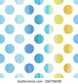 Seamless blue watercolor pattern with polka dots