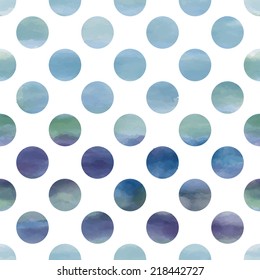 Seamless blue watercolor pattern with polka dots
