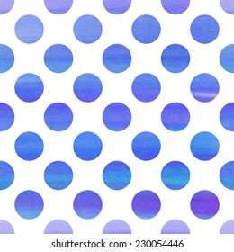 Seamless blue watercolor pattern with polka dots