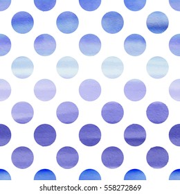 Seamless blue watercolor pattern with polka dots