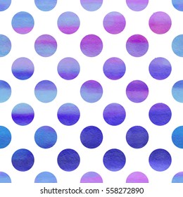Seamless blue watercolor pattern with polka dots