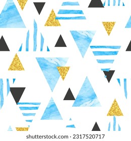 Seamless blue watercolor triangles pattern. Vector abstract geometric background