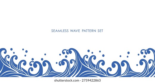 Seamless Blue Wave Pattern Border With Decorative Ocean Swirl Design For Backgrounds