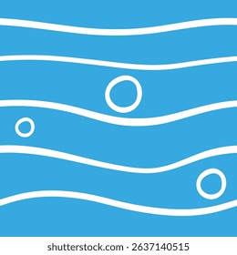Seamless blue wavy lines with bubbles pattern. Minimalist marine-themed background for textile. Simple, clean, and versatile vector illustration. Perfect for kids' products, ocean-inspired branding