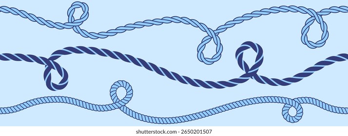 Padrão de corda ondulada azul sem costura. Corda de cânhamo repetida listras fundo. Papel de parede de trança repetido náutico. Motivo cordão de cânhamo marinho. Encapsulamento de tiras em cadeia, fio ou entrançado. Vetor