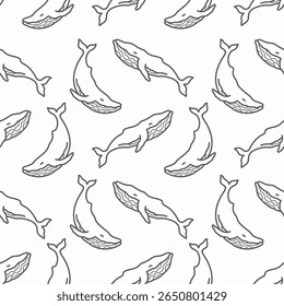 Seamless blue whale pattern. Vector background with blue whale