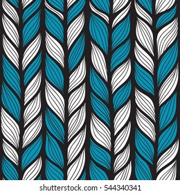 Seamless blue and white abstract pattern with hand drawn stylized doodle leaves
