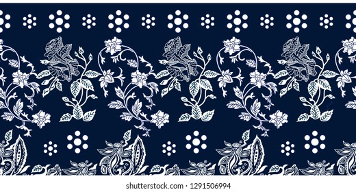 Seamless blue white border with Chinese art motifs. Floral ornaments with paisleys, dots and roses. Retro textile collection. 