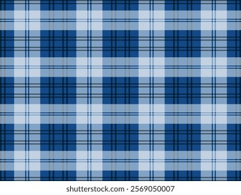 Seamless blue and white checkered plaid fabric pattern with alternating dark and light shades, suitable for textile design, backgrounds, and fashion applications.