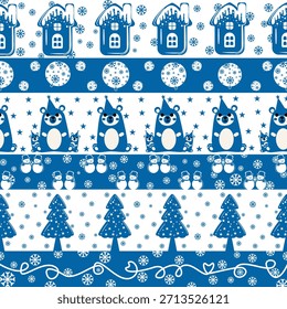 Conjunto de bordes de patrón de Navidades azul y blanco sin costuras con osos lindos, casas de jengibre, muñecos de nieve, árboles y copos de nieve Ilustración vectorial