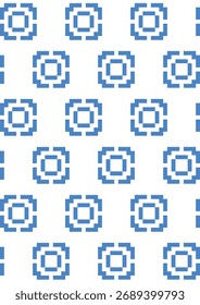 Nahtloses geometrisches Pixel-Quadrat-Muster in Blau und Weiß, das ein klares, konzentrisches Motiv erzeugt.